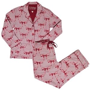 PJ Salvage Flannel Pajama Set Ribbons & Bows Small Candy Pink Top/Pants NWOT 🎀